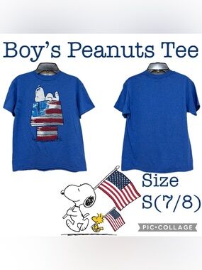 Boys Clothes Peanuts Snoopy on American Flag Colored Dog House Tee Size S(7/8)